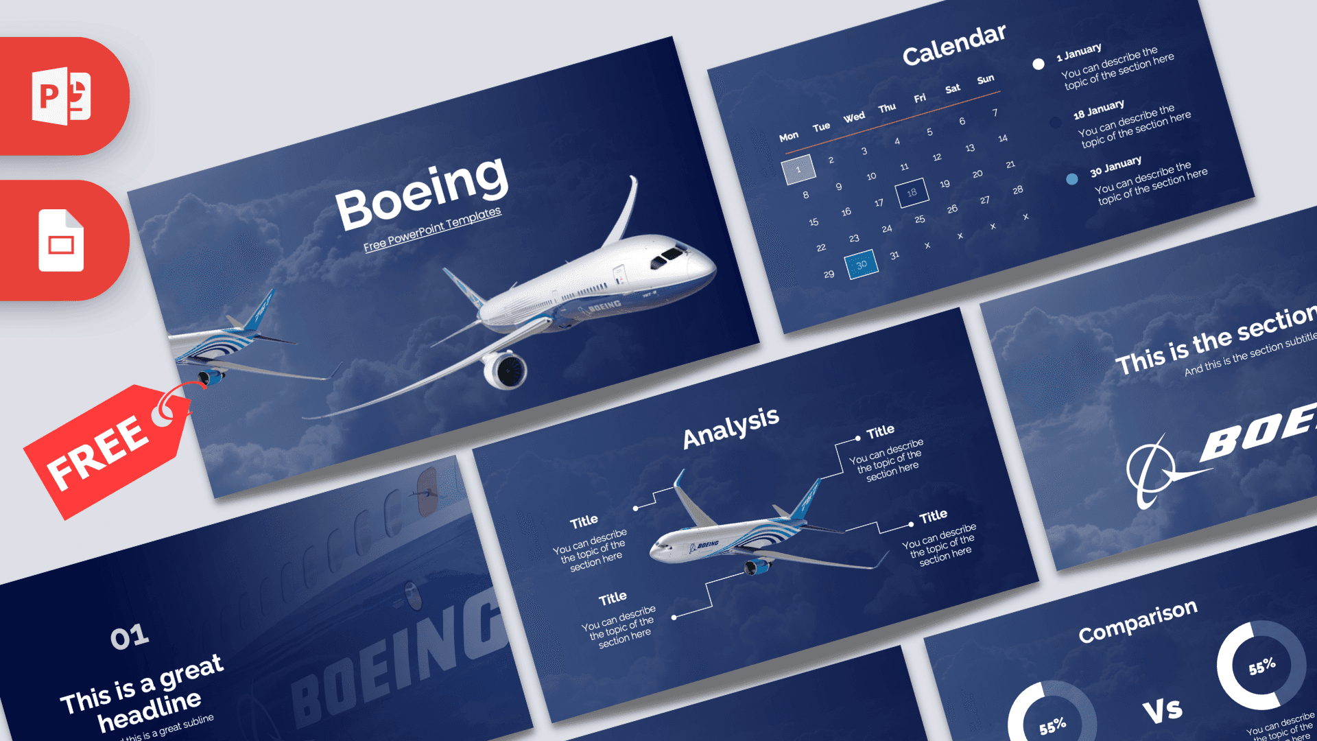 Boeing PowerPoint template cover slide featuring a blue aircraft design with modern layout