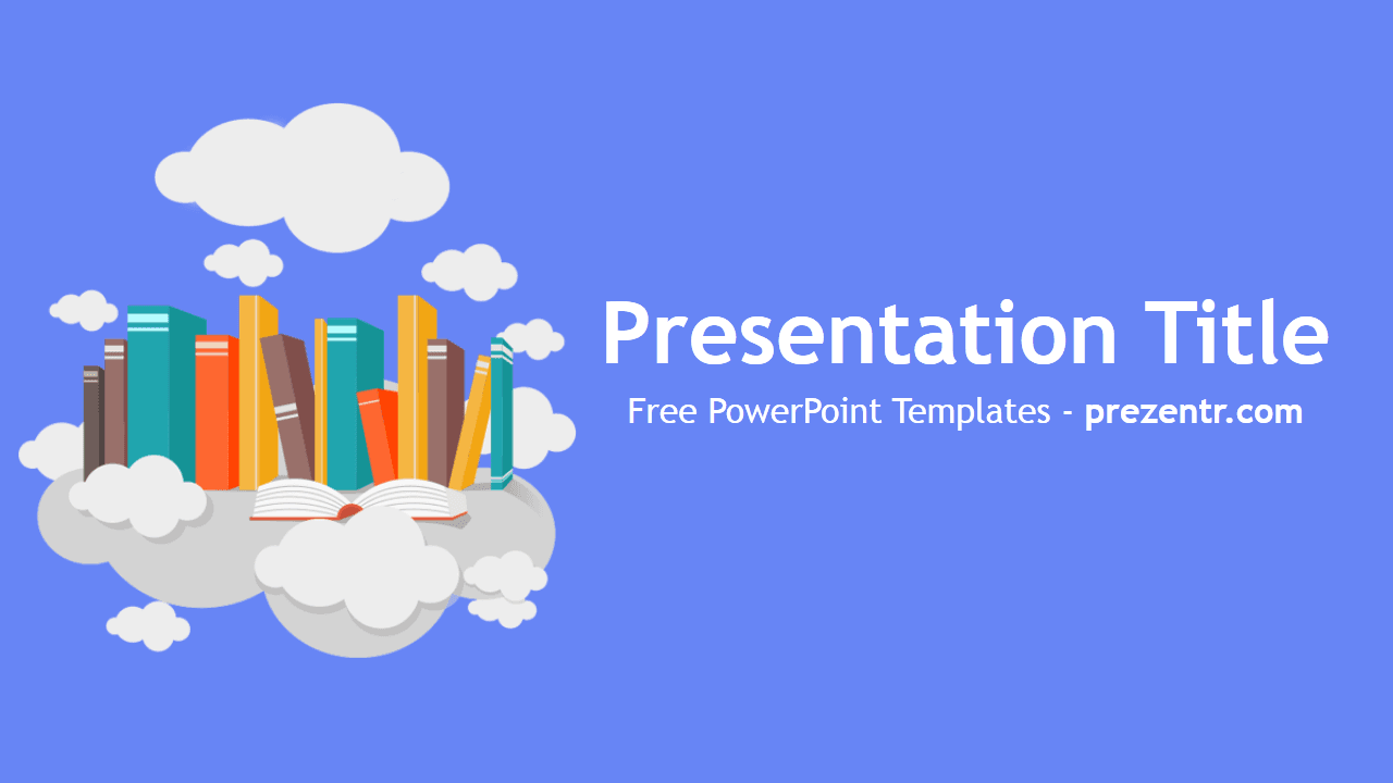 Book PowerPoint Template cover slide with colorful books on clouds against blue background