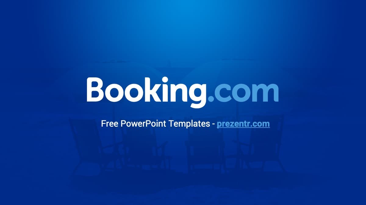 Booking.com PowerPoint Template cover slide with white logo on blue gradient background and prezentr.com attribution