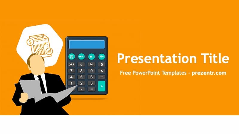 Orange background with businessperson holding calculator and clipboard, Bookkeeping PowerPoint Template title slide design