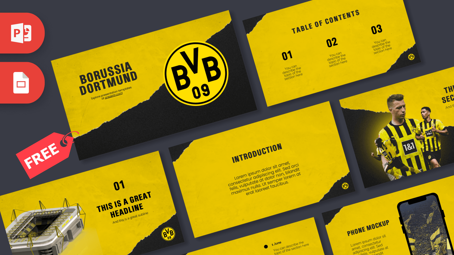 Borussia Dortmund PowerPoint template cover with yellow and black diagonal design, BVB logo, and stadium imagery