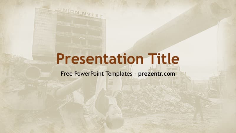 Bosnian War PowerPoint Template cover slide with sepia-toned destruction imagery and brown title text
