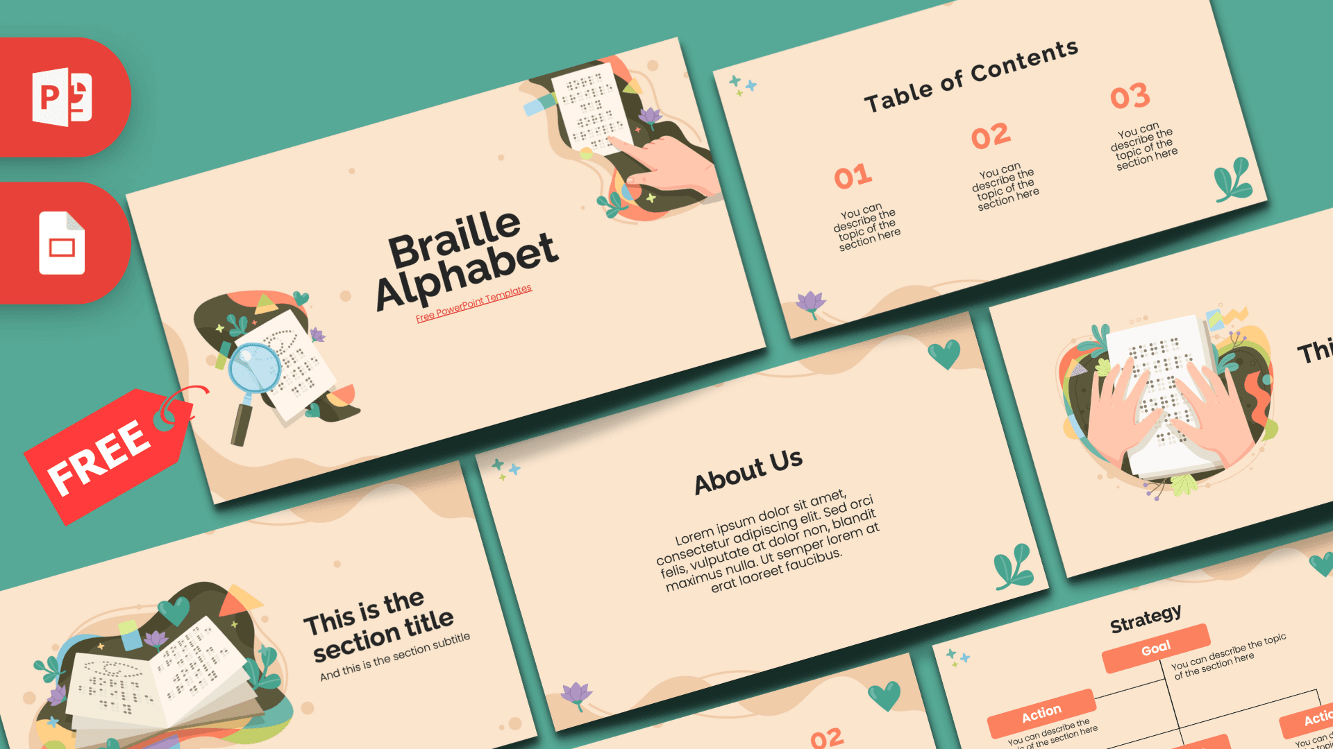 Braille Alphabet PowerPoint template cover slide with cream background, colorful illustrations, and teal accents