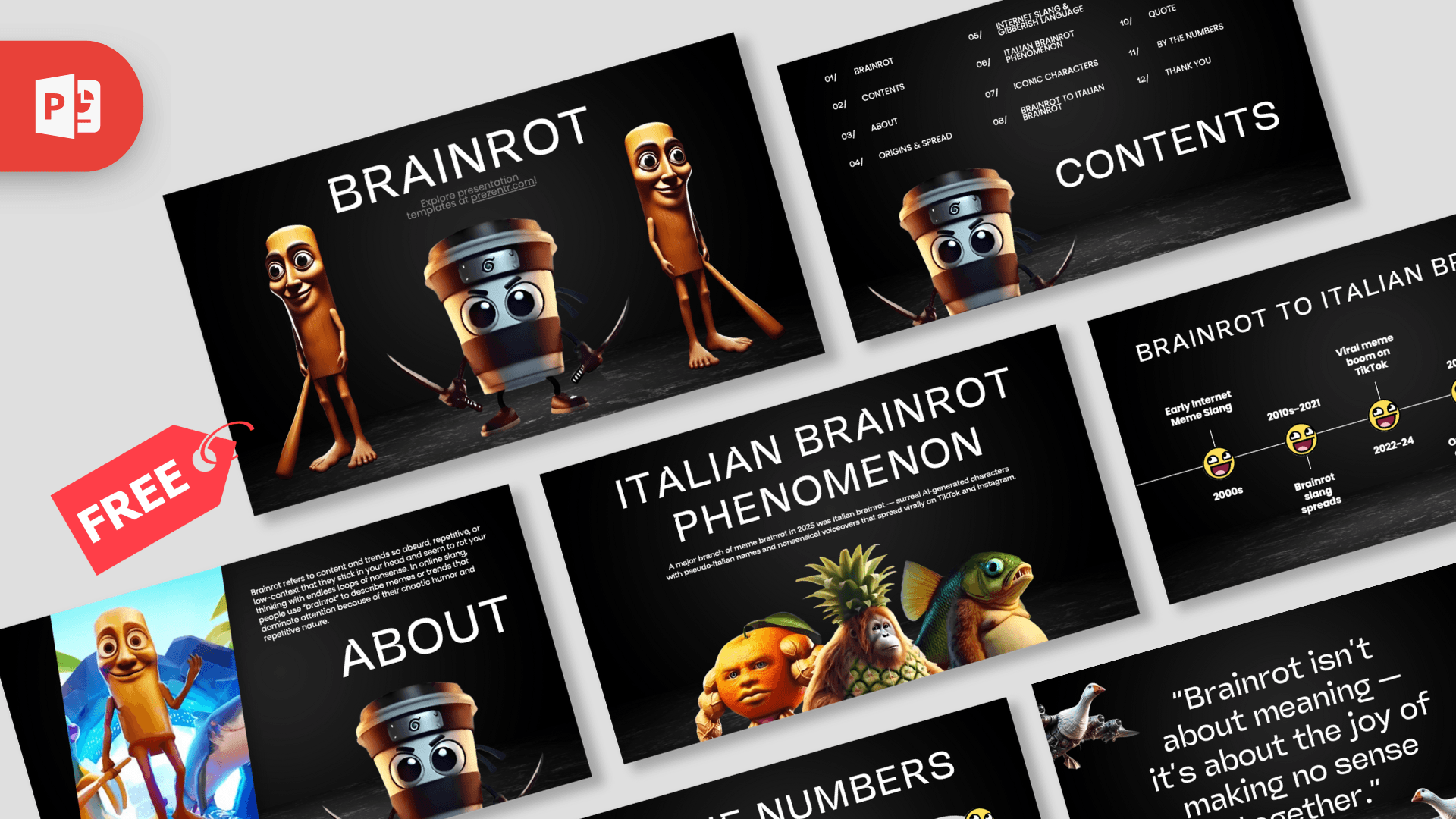 Brainrot PowerPoint Template cover with animated characters on black background and colorful design elements