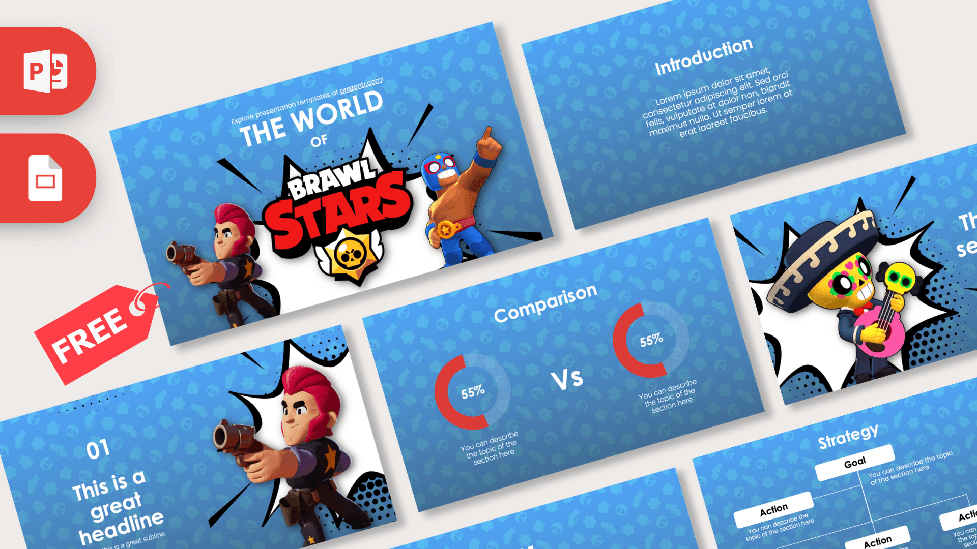 Brawl Stars PowerPoint template cover slide with blue background, game characters, and red logo text