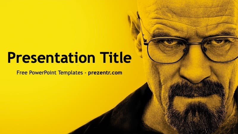 Breaking Bad PowerPoint Template cover slide with yellow background and man wearing glasses