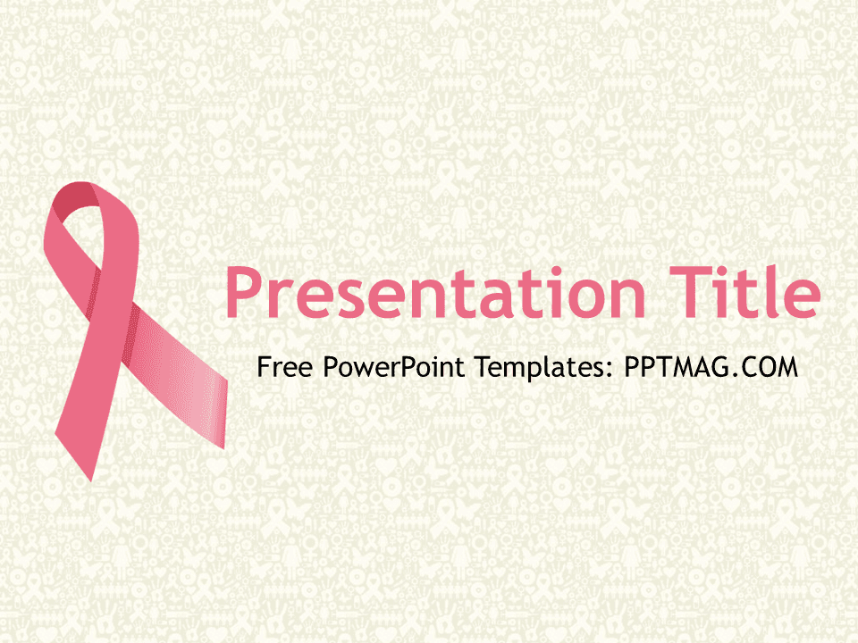Pink ribbon and beige patterned background with "Presentation Title" text for Breast Cancer PowerPoint Template cover slide