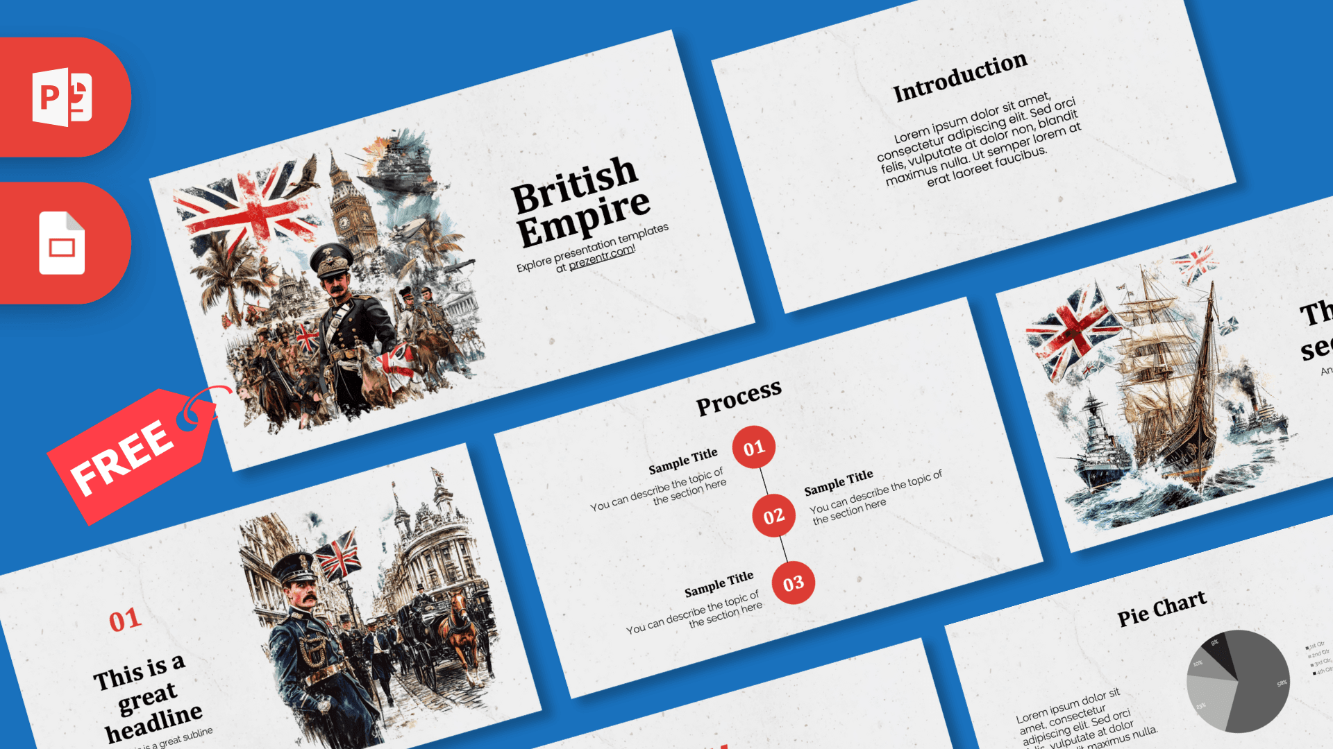 British Empire PowerPoint template cover slide with Union Jack flag, Big Ben, and historical military imagery on blue