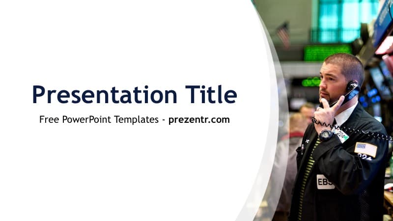 Broker PowerPoint Template cover slide with stock trader on phone, dark suit, modern curved white layout design