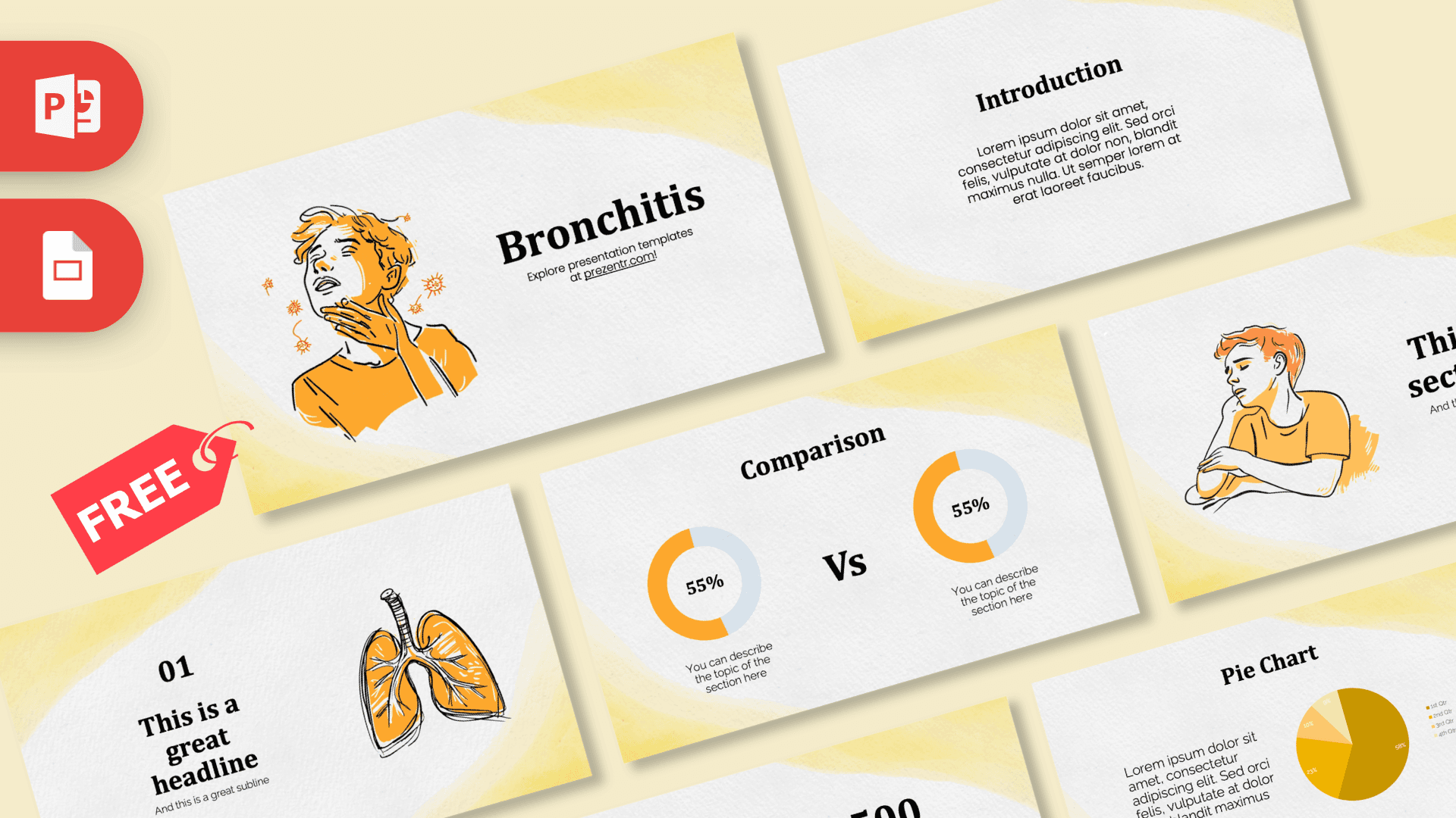 Bronchitis PowerPoint Template cover slide with orange medical illustrations and yellow accents