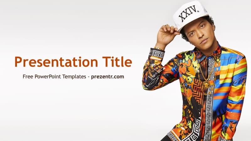 Bruno Mars PowerPoint Template cover slide with colorful patterned shirt and white cap against gray background