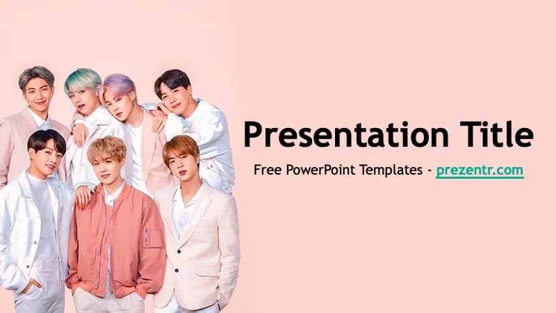 BTS PowerPoint Template cover slide featuring seven band members in pastel outfits against pink background
