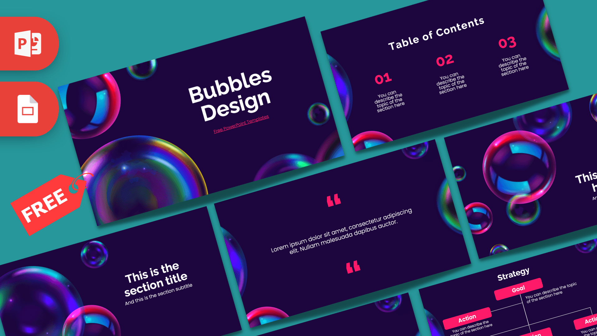 Bubbles Design PowerPoint template cover slide with vibrant neon bubbles on dark background and cyan accent border