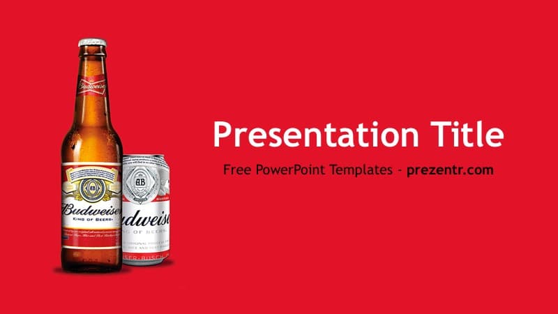 Budweiser PowerPoint Template cover slide featuring a bottle and can against a bright red background with white title text