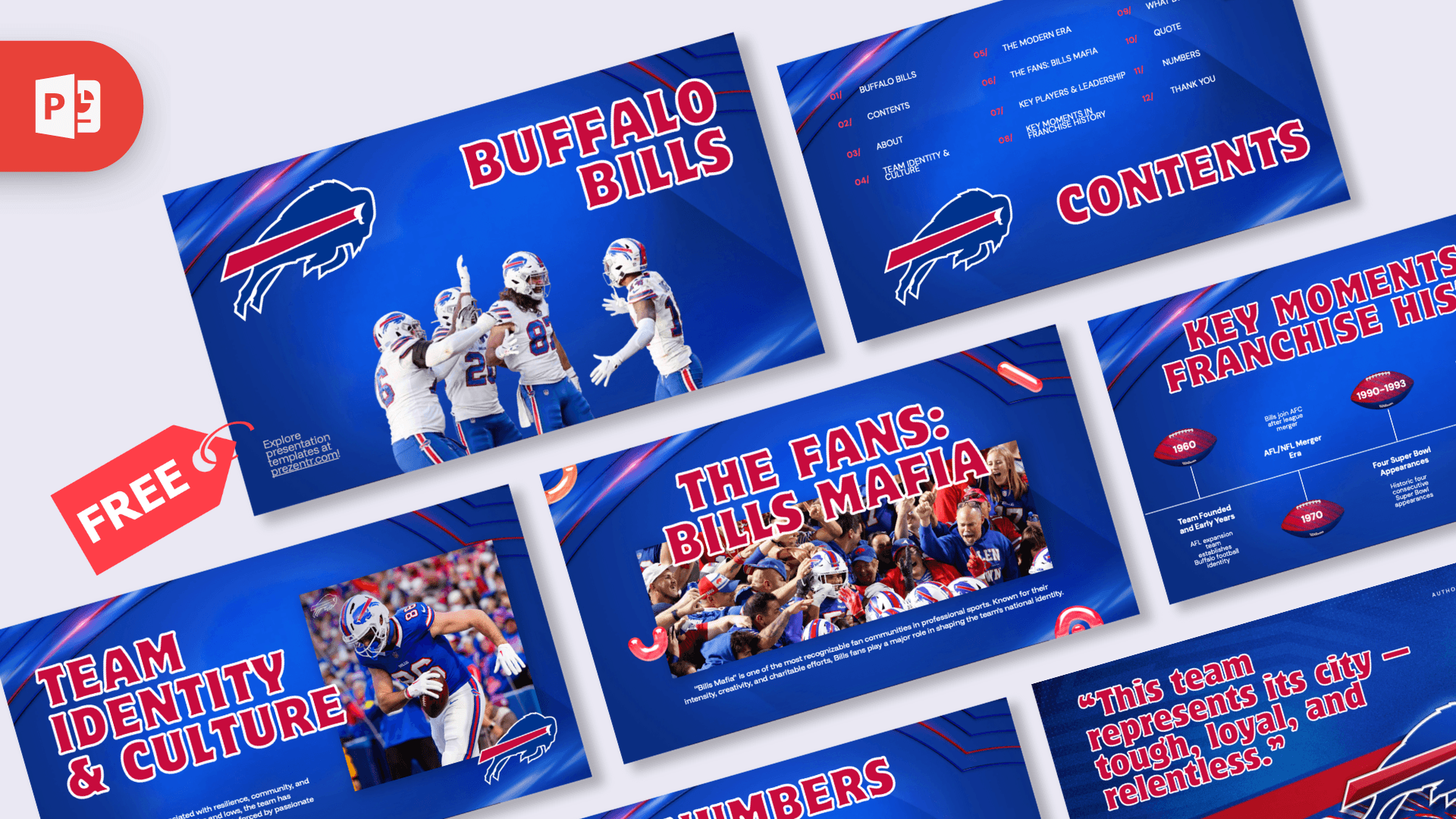 Buffalo Bills PowerPoint template cover with blue design, team logo, and player imagery