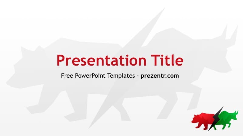 Bulls and Bears PowerPoint Template cover slide with red and green bull and bear silhouettes on white background