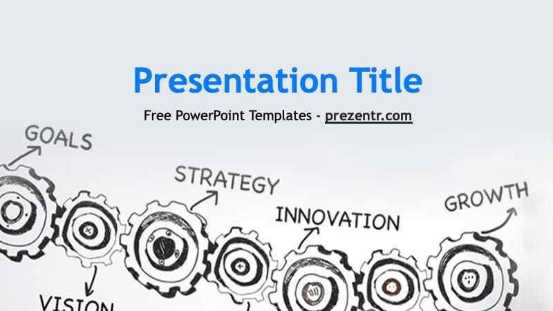 Business Development PowerPoint Template cover slide featuring gears with goals, vision, strategy, innovation, and growth