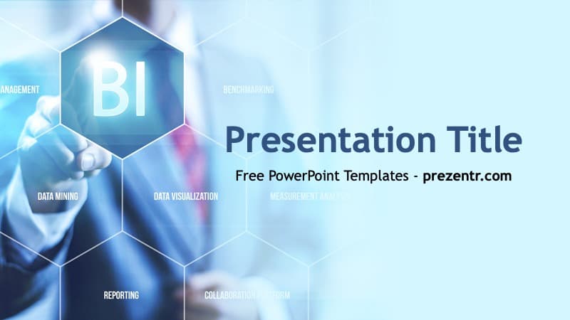 Business Intelligence PPT template cover slide with blue hexagons, BI concept, and professional digital background