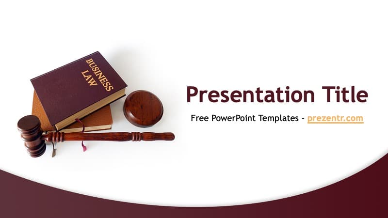 Business Law PowerPoint Template cover slide with gavel, law book, and burgundy curved design elements