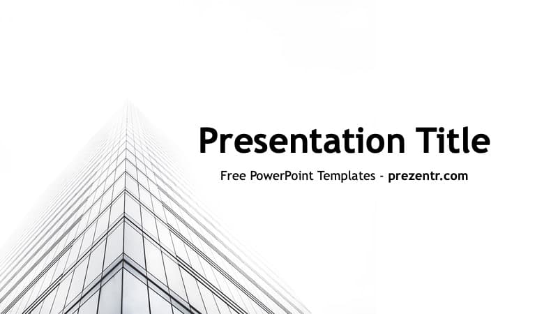 Business Strategy PowerPoint template cover slide with modern building architecture and minimalist black and white design
