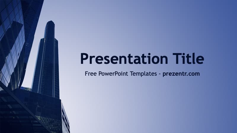 Business World PowerPoint Template cover slide with modern skyscraper buildings against blue sky and centered white text