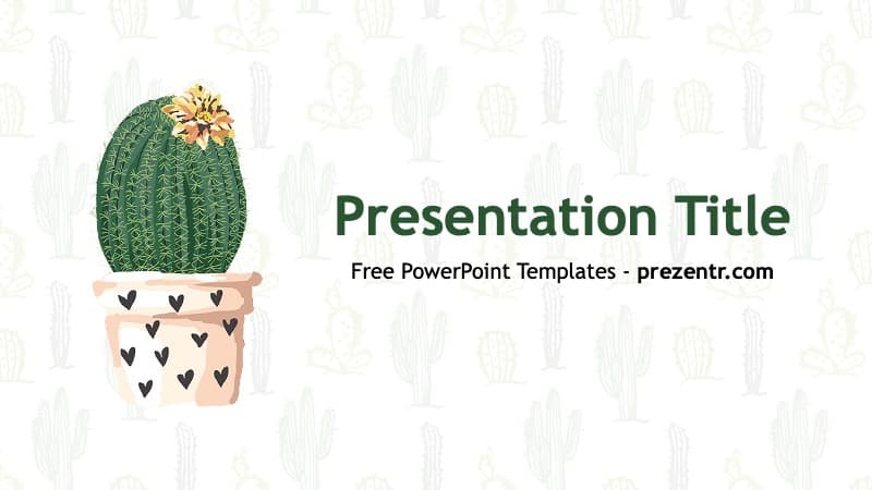 Cactus PowerPoint Template cover slide with illustrated green barrel cactus in terracotta pot with heart pattern