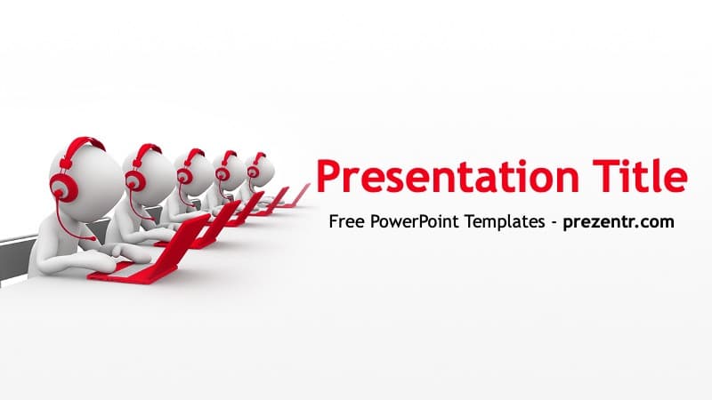 Call Center PPT Template cover slide with white figures in red headsets on red arrow