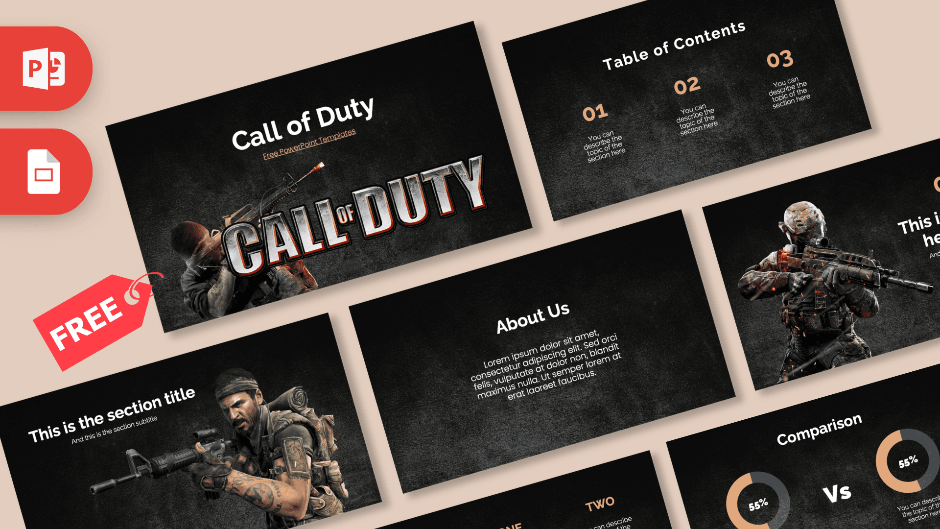 Call of Duty PowerPoint template cover with dark background, orange accents, and armed soldier imagery
