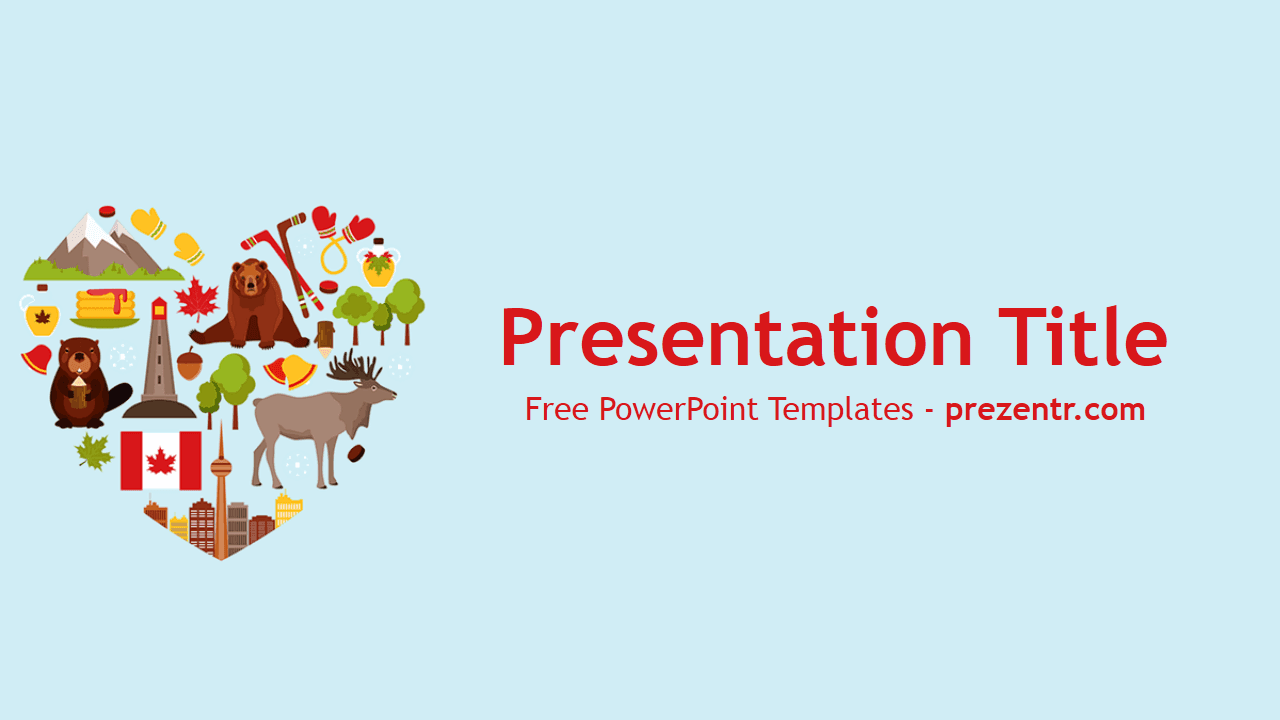 Canada PowerPoint Template cover slide featuring Canadian icons in a heart shape on light blue background with red title text