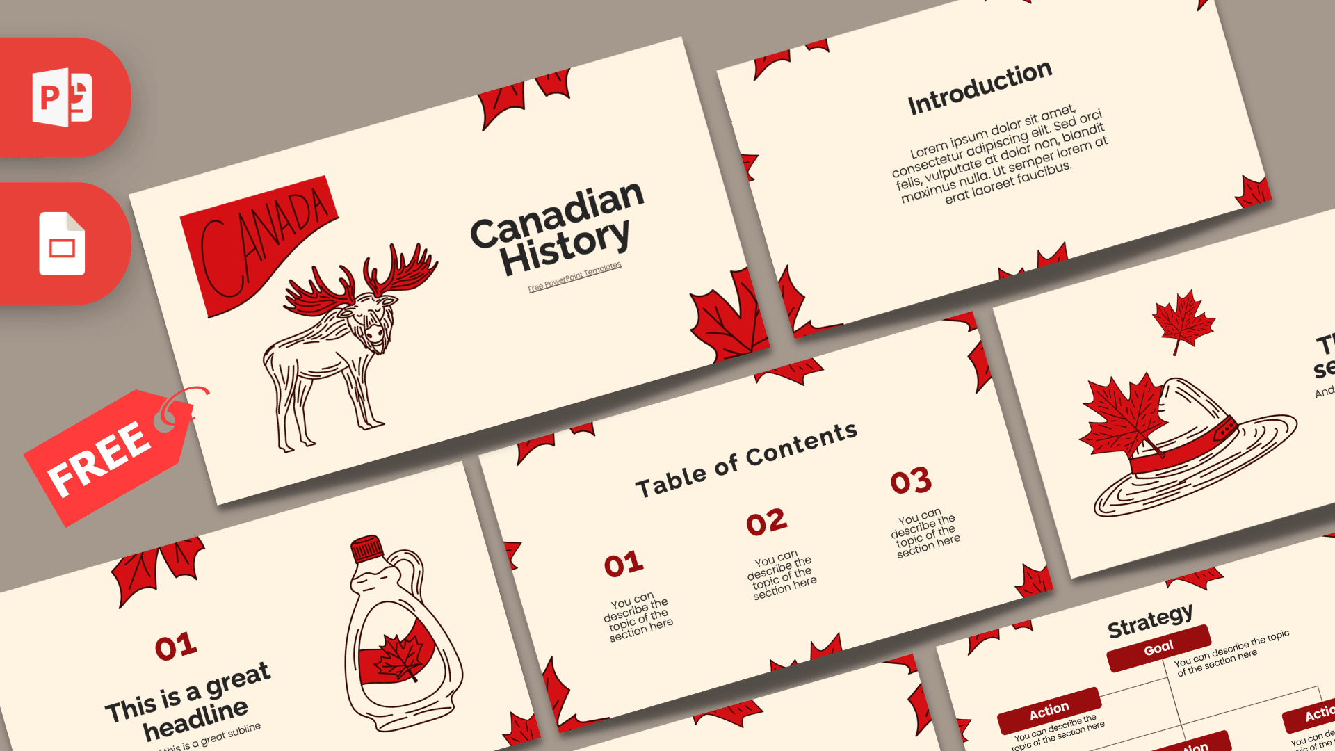 Canadian History PowerPoint template cover with red maple leaves, moose illustration, and cream background