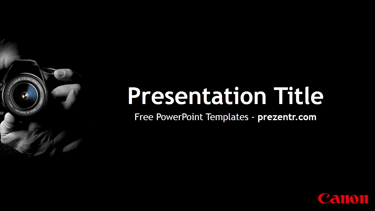 Canon PowerPoint Template cover slide with black background, camera image, and white text layout