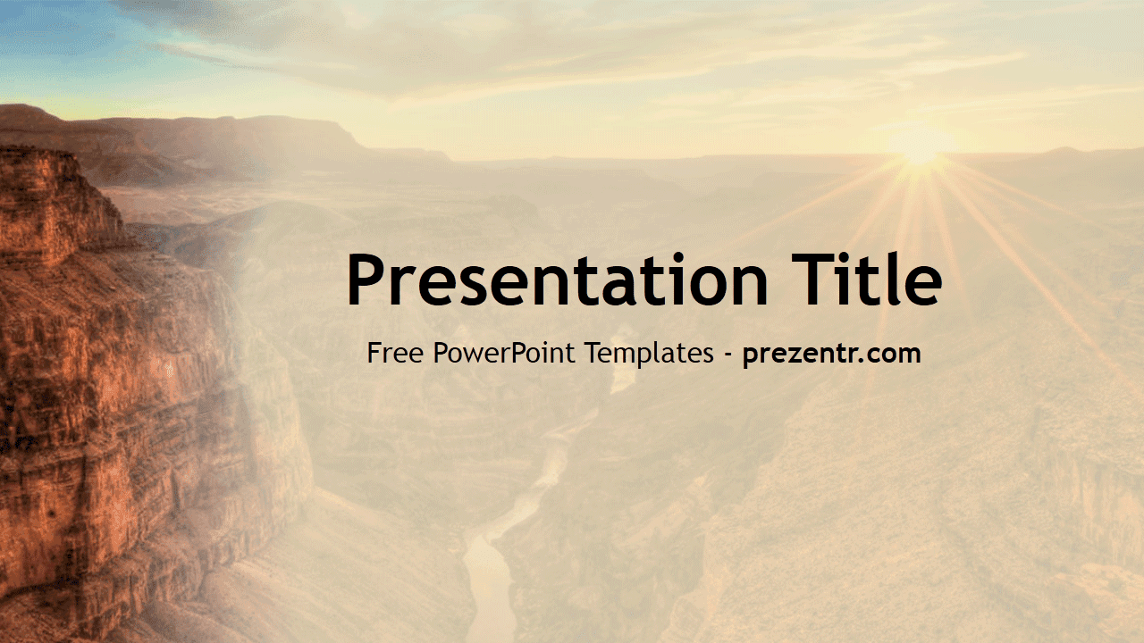 Canyon PowerPoint Template cover slide: Grand Canyon vista at sunrise with warm earth tones and centered title layout