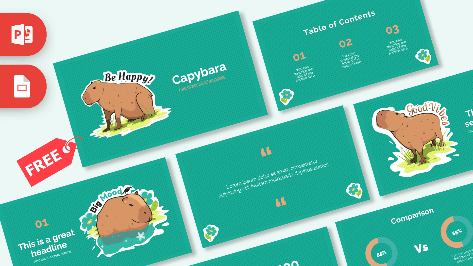 Capybara PowerPoint Template cover slide with teal background, illustrated brown capybara, and "Be Happy" text
