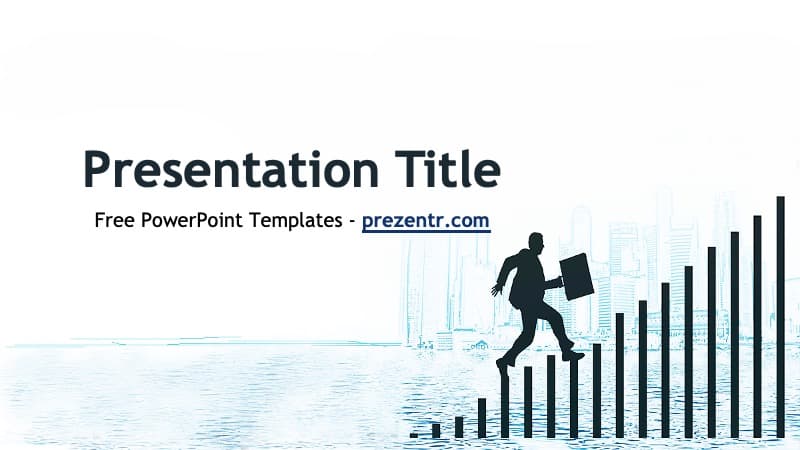 Silhouette of businessman climbing ascending bar chart with city skyline background in Career Development PowerPoint Template