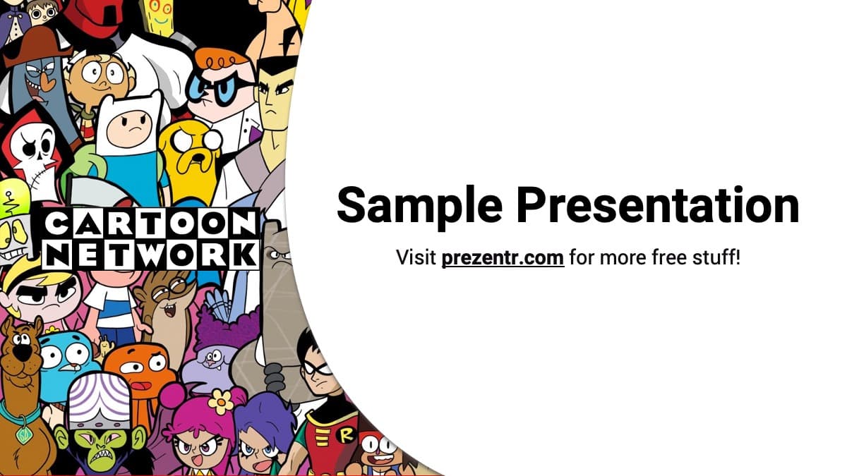 Cartoon Network PowerPoint Template cover slide with colorful cartoon characters and curved design layout