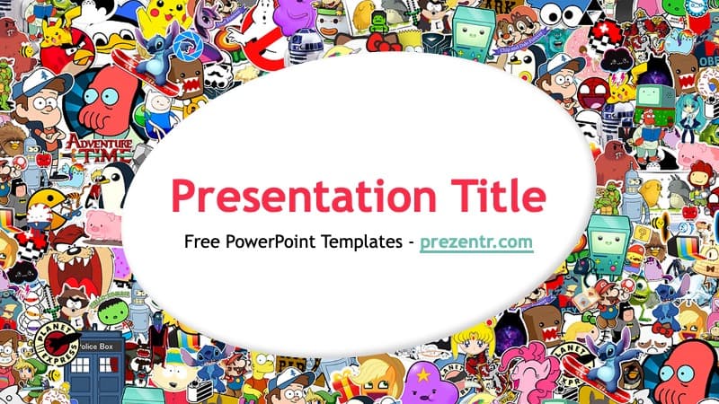 Cartoons PowerPoint Template cover slide with colorful cartoon characters border surrounding white center space