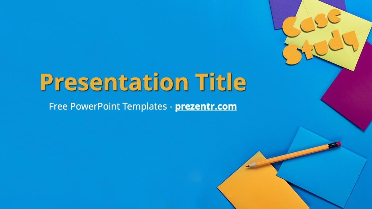 Blue background with colorful paper elements, yellow pencil, and sticky notes. Case Study PowerPoint Template title slide