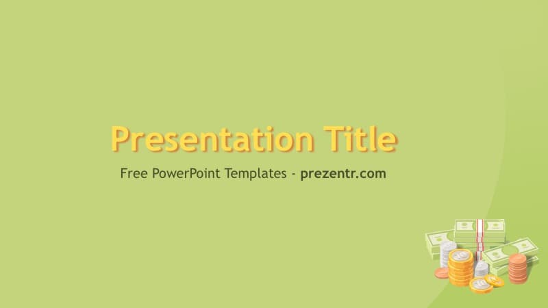 Cash PowerPoint Template cover slide with yellow-green background and stacked coins and banknotes illustration