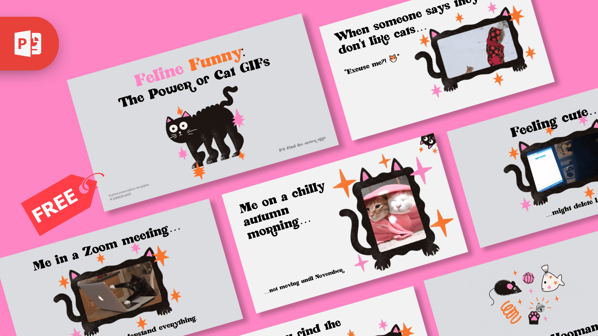 Cat GIF Meme PowerPoint Template with pink background and black cat illustrations featuring photo frames