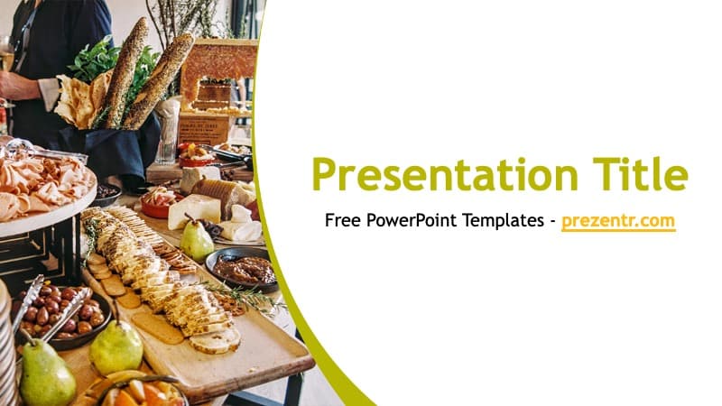 Catering PowerPoint Template cover slide featuring gourmet food spread with breads, meats, and fruits; lime green curved
