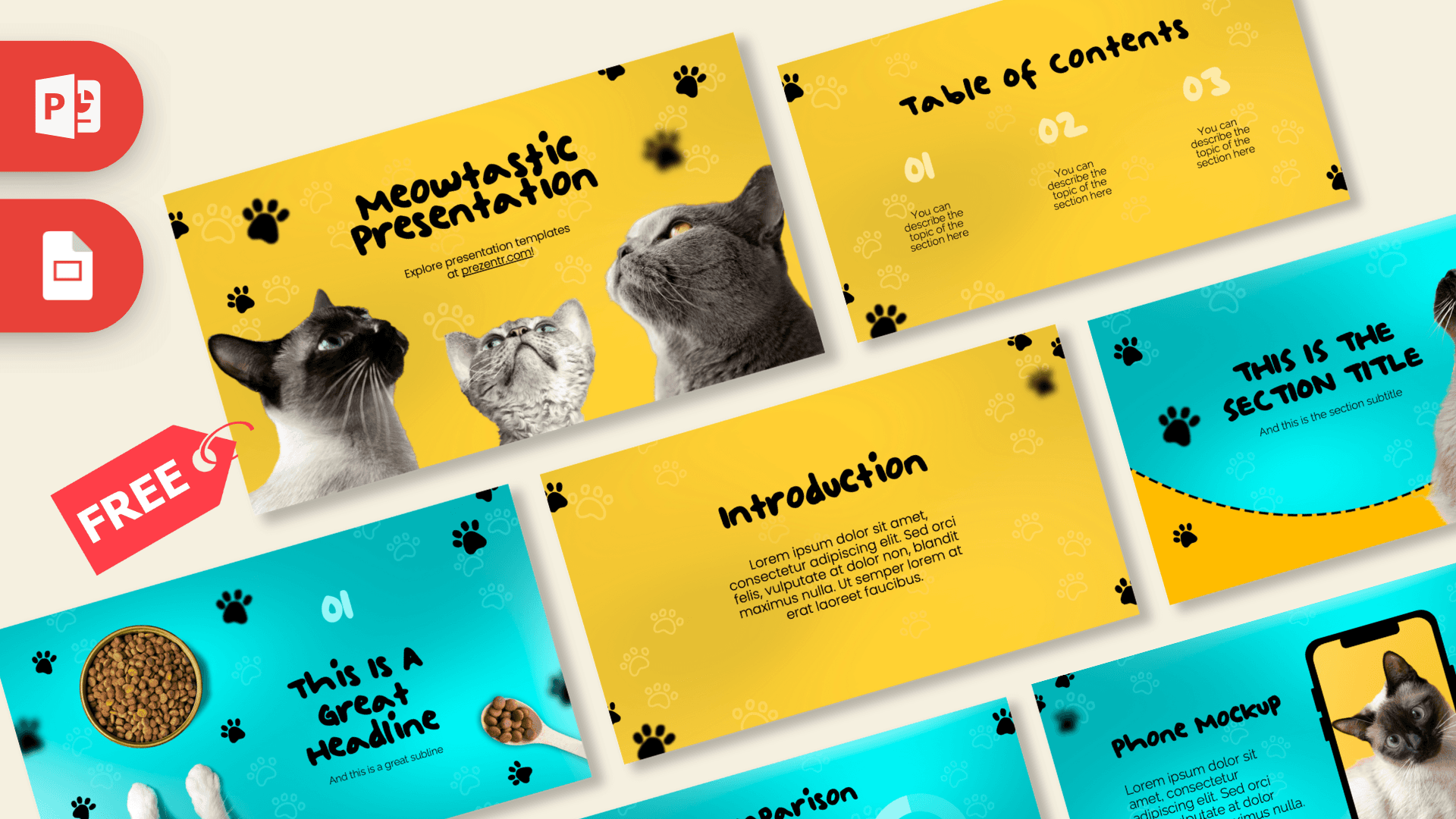 Cats PowerPoint Template cover slide featuring yellow and turquoise layout with cat photos and paw print decorations
