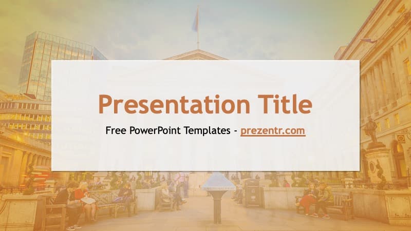 Central Bank PowerPoint Template cover slide with warm yellow urban plaza background, white text box, and professional layout