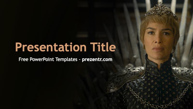 Cersei Lannister PowerPoint template cover slide with regal figure in ornate armor against dark background, gold text overlay