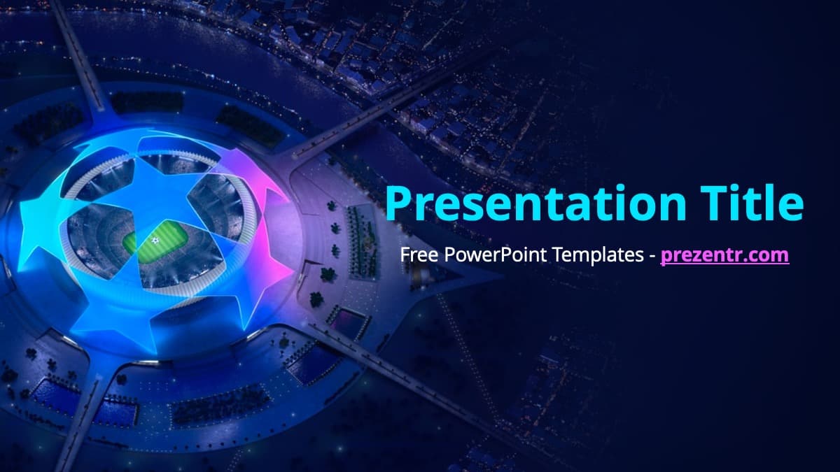 Champions League PowerPoint Template cover slide with glowing neon soccer ball and blue futuristic circuit board design