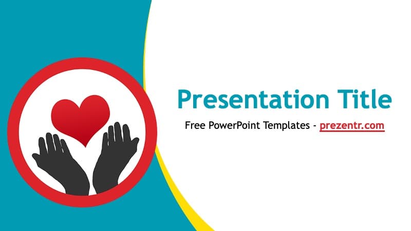 Charity PowerPoint template cover slide with hands holding red heart icon on teal background