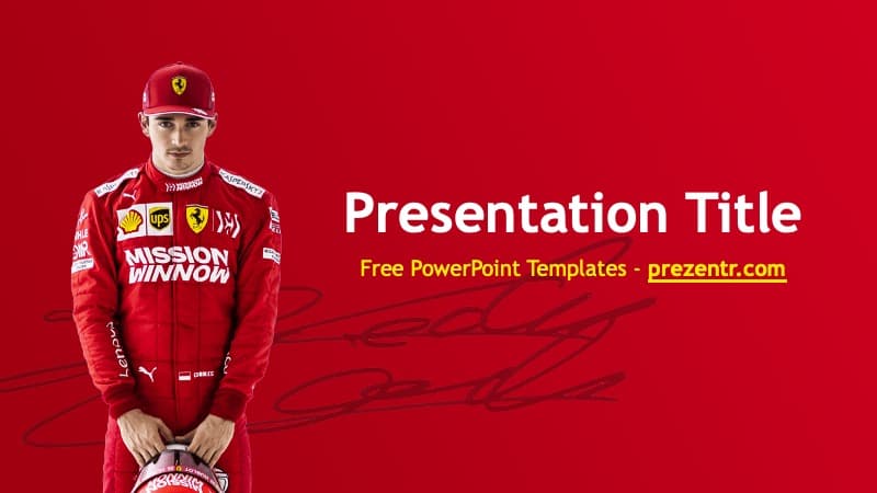 Charles Leclerc PowerPoint Template cover slide with Ferrari driver in red suit on bold red background