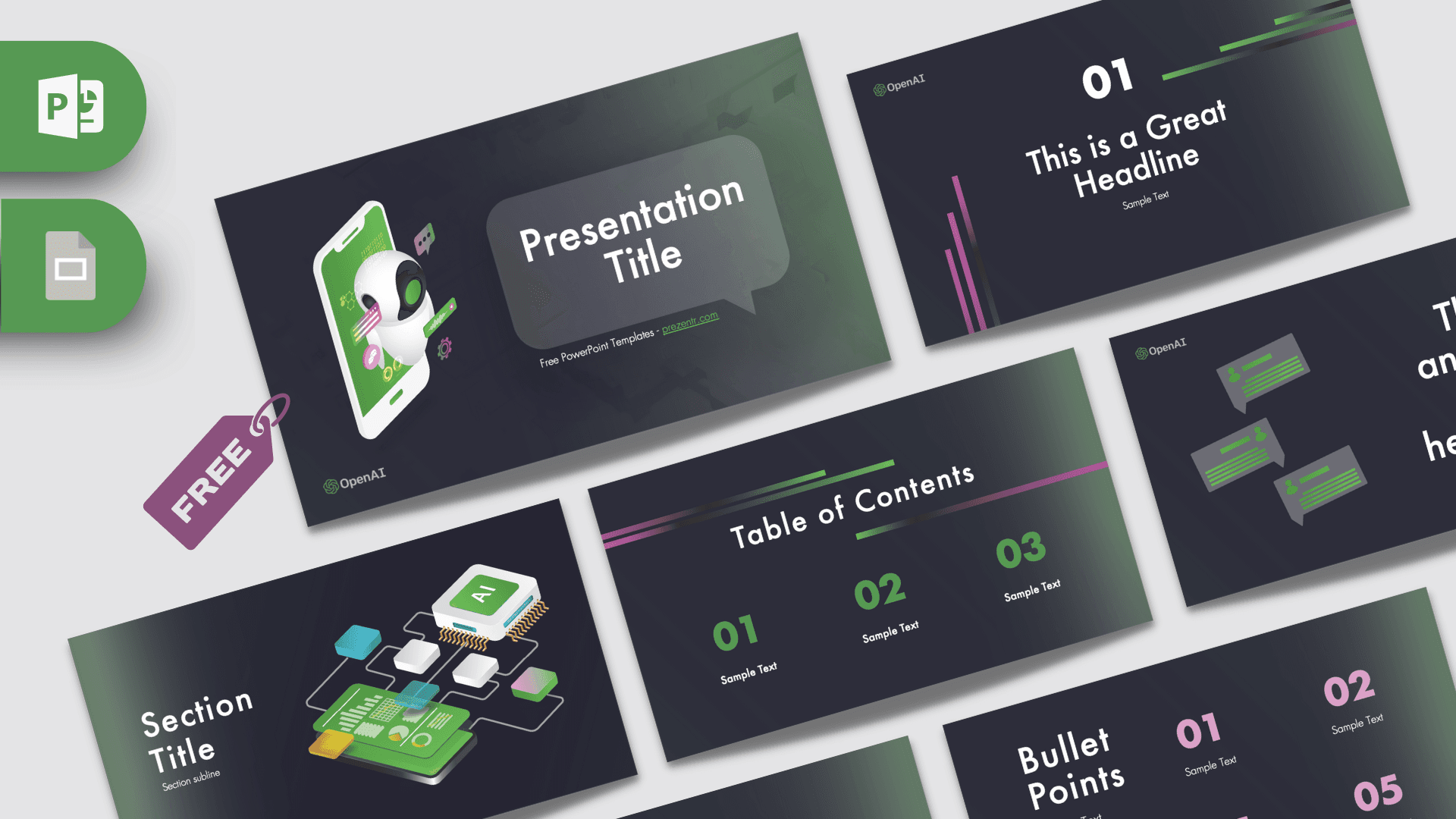 Chat GPT PowerPoint Template cover slide with dark theme, green accents, and AI technology illustrations