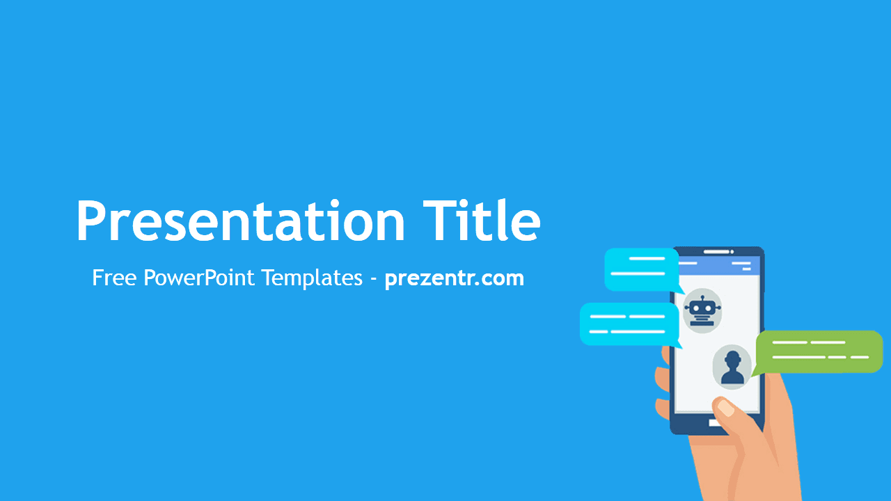 Chatbots PowerPoint Template cover slide with blue background, hand holding phone with chat interface icons