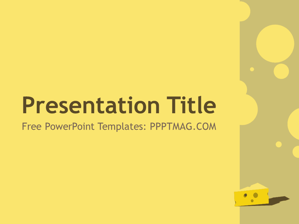 Cheese PowerPoint Template cover slide with yellow background, circular design elements, and cheese illustration