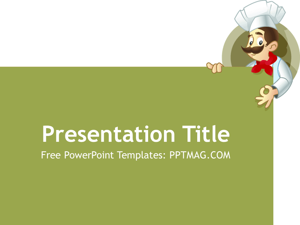Chef PowerPoint Template cover slide with cartoon chef peeking over green banner